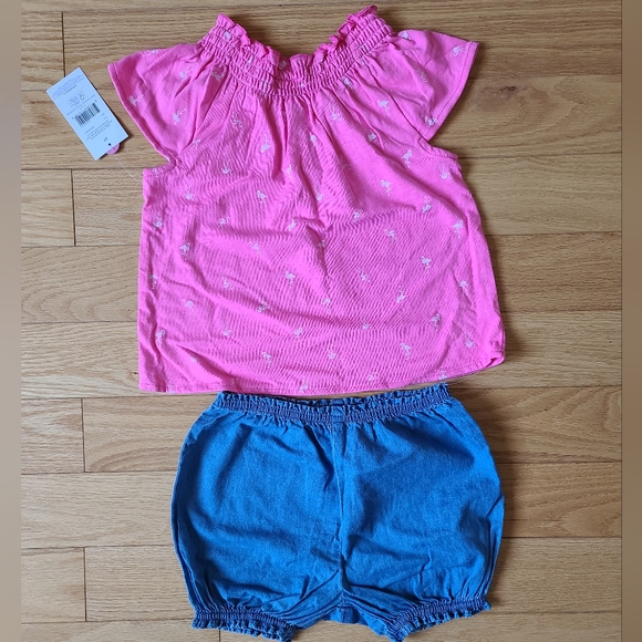 George 2 PC Set Pink Short Sleeve Shirt w/ Flamingoes and Denim Blue Sho… - Picture 4 of 6